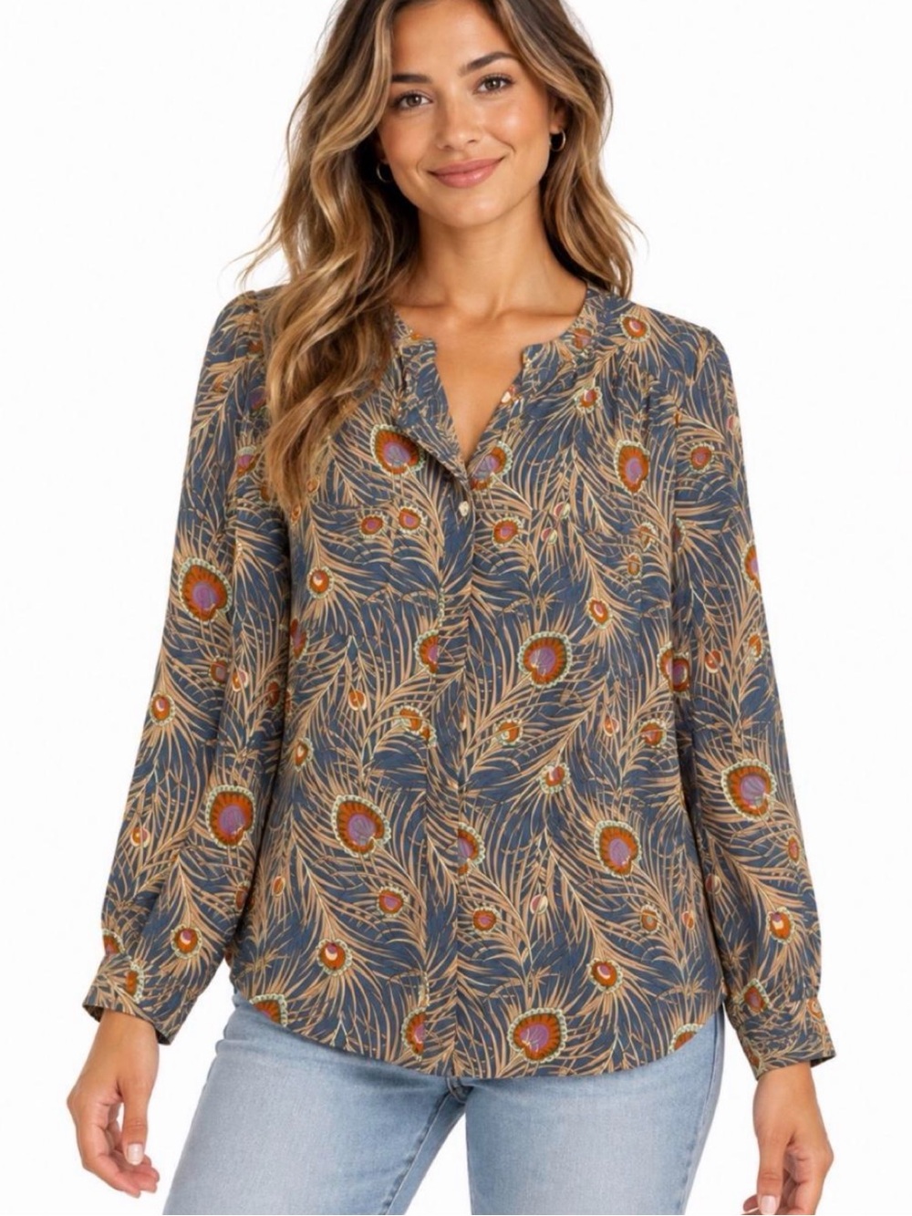 🦚 LOFT Petites Peacock Feather Blouse | Large Petite